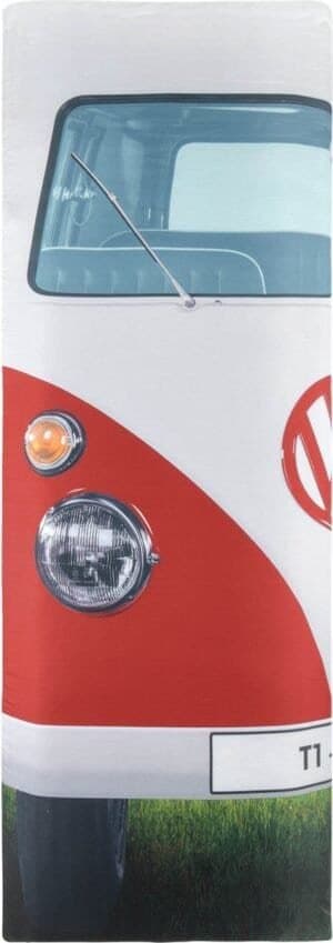 Kleurrijke VW kever met grote voorruit en opvallend rood en wit design.