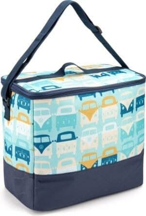 Blauwe koel-/ijsbox met Volkswagen busjes print, praktische draaghandvatten en ritssluiting.