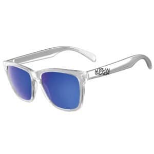 Geboren sunglasses met blauwe spiegelglazen en transparant frame voor buitenactiviteiten.