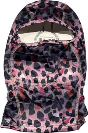 Leopard print fleece hooded neck warmer, multifunctional outdoor accessory.