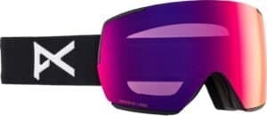 Het grote rode ski- of snowboard brillenglas met zwart elastiek en spiegelend montuur.