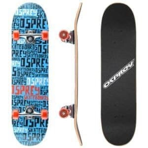 Blue skateboard with red wheels and "OSPREY" logo, multiple pattern design.