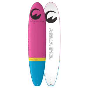 Kleurijke surfboard met Aqua Inc. logo en stijlvol ontwerp voor buitenplezier.