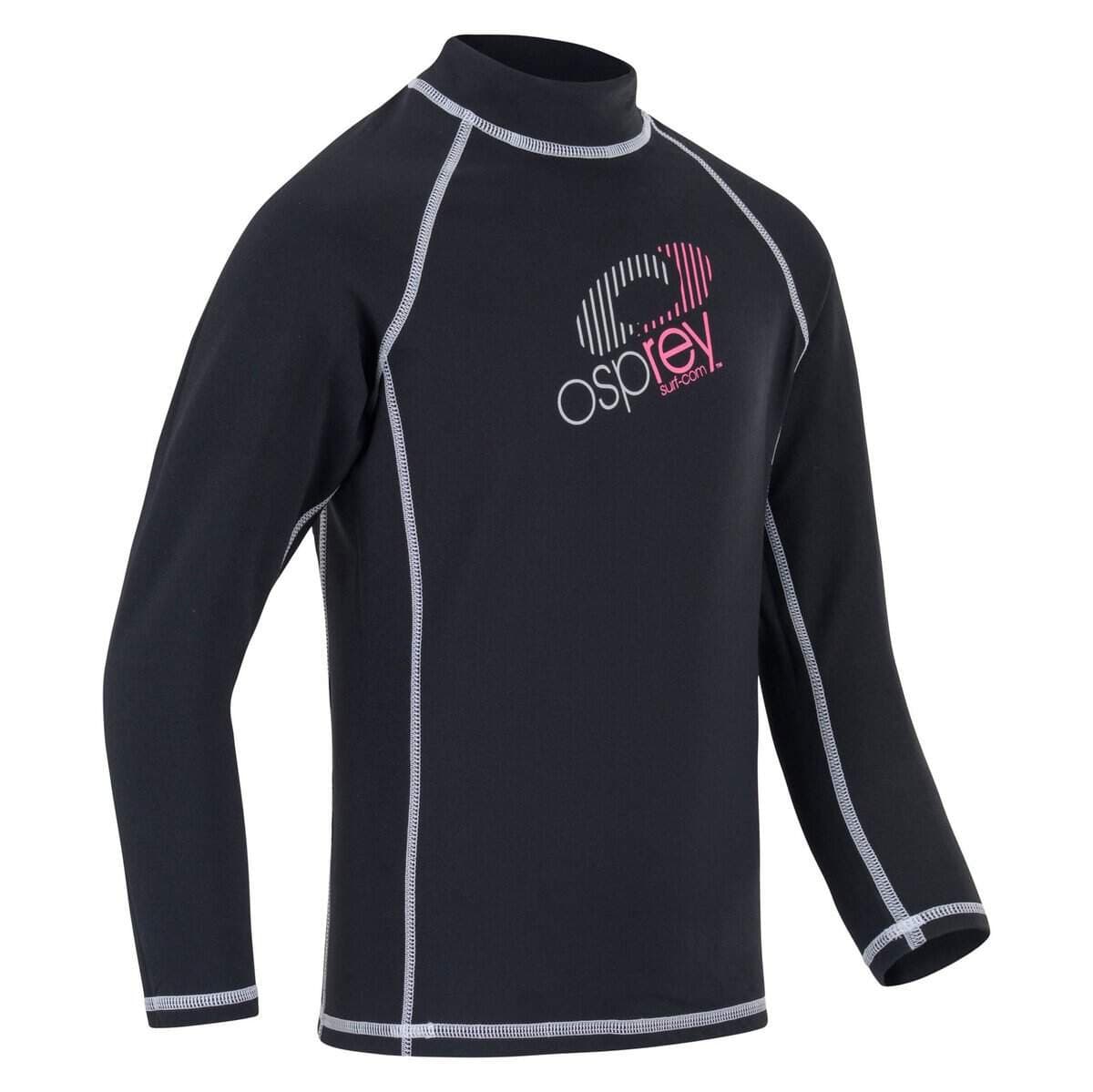 Schuinvoor aanzicht van het Osprey thermisch surfshirt met lange mouwen voor meisjes, UV 50+ bescherming