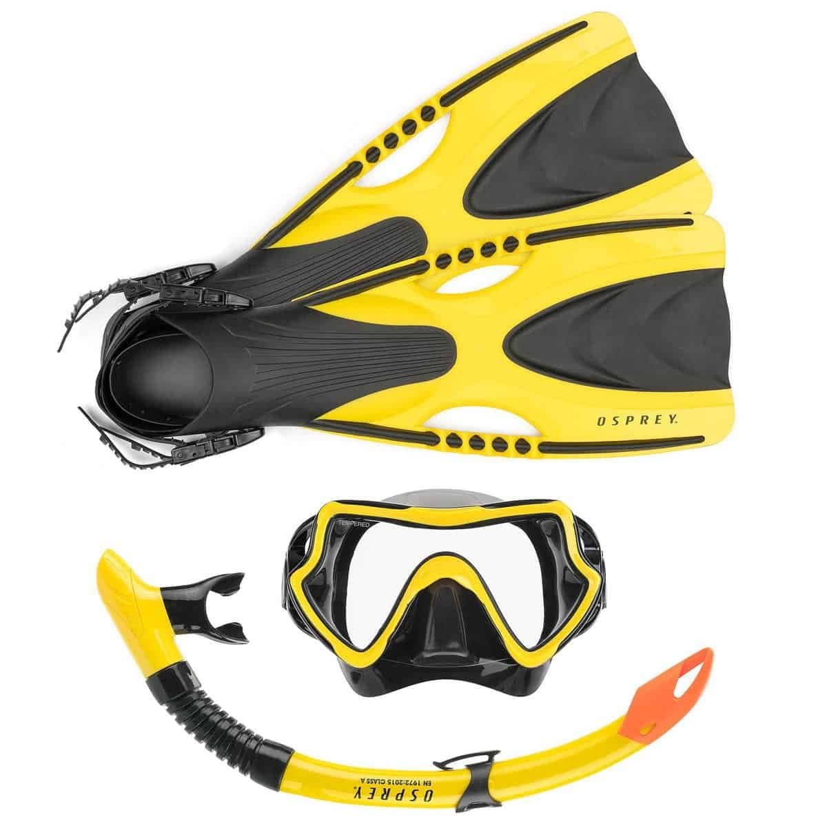 Yellow and black SCUBA diving gear, including fins, mask, and snorkel for outdoor water activities.