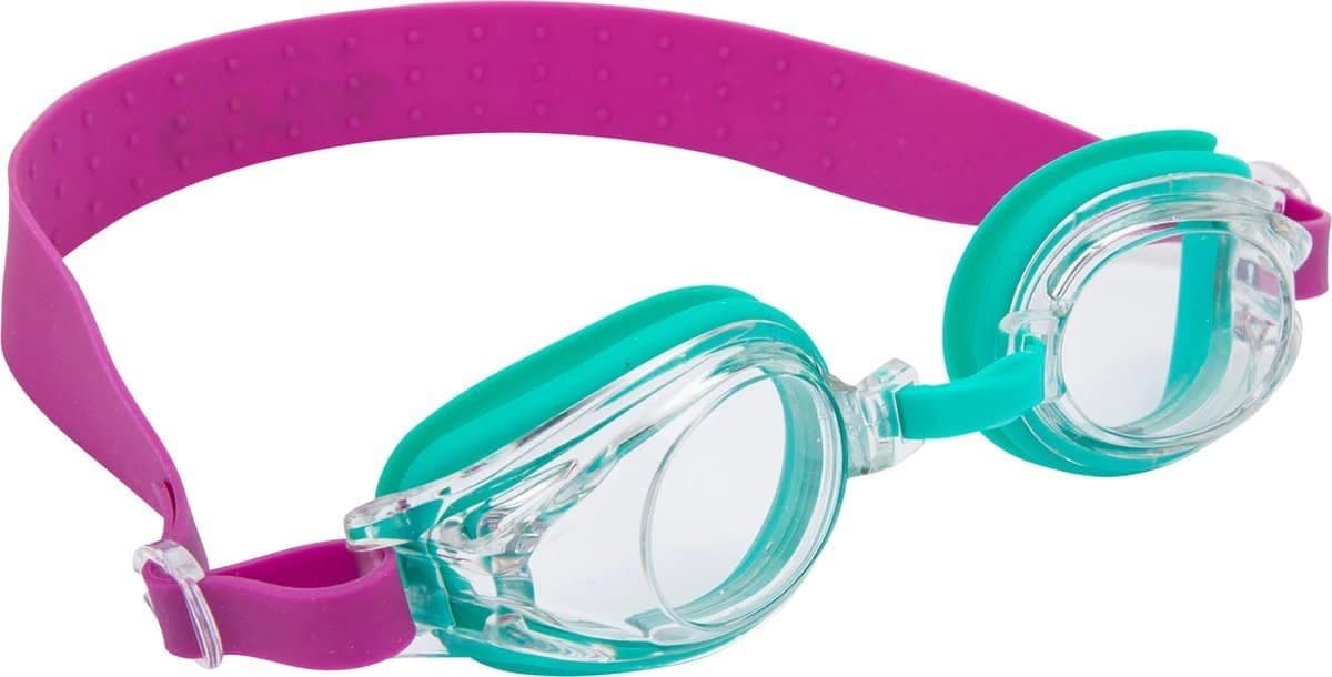 Kleurrijke kinderswimmingbril met roze en turquoise details voor buiten zwemmen.