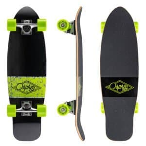 Skateboard met zwarte deck en neon gele wielen, perfect voor buitenplezier.