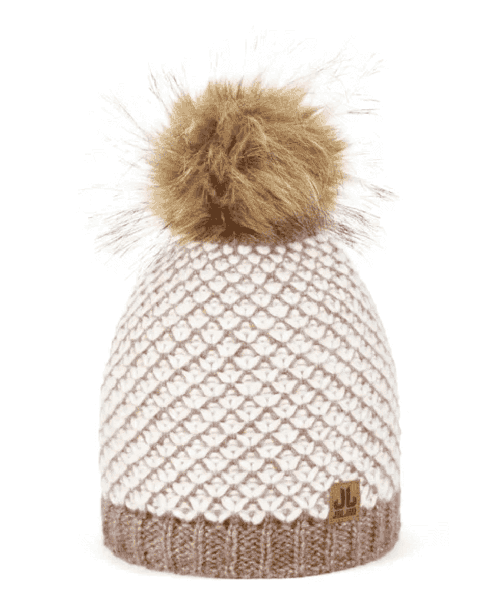 Gepubliceerde afbeelding promoot warme, stijlvolle wintermutsen met pompom. Perfect voor buiten in koude winterdagen.