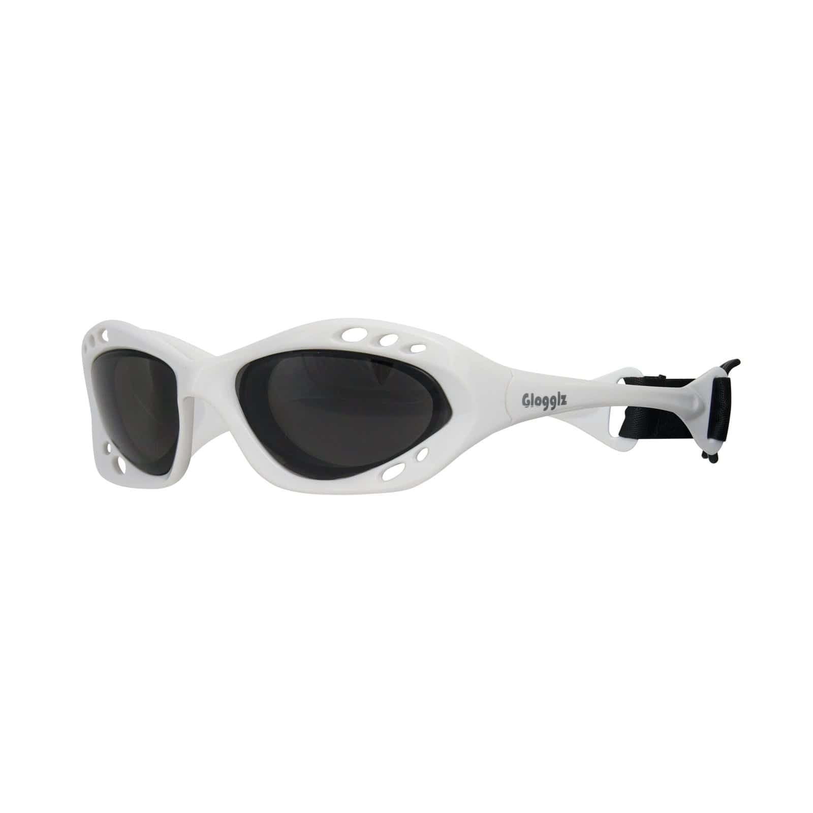 Sportieve skibril met witte frame en zwarte lens voor buitenactiviteiten.