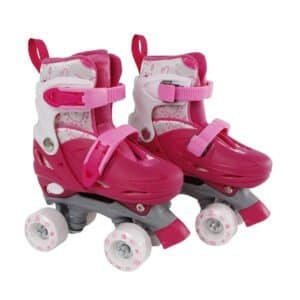 Pink kinder rolschaatsen met verstelbare banden en witte details voor buitenplezier.