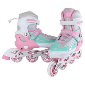 Pink en mintgroene verstelbare kinderkunststapschoenen voor rollerhockey en buitenplezier.