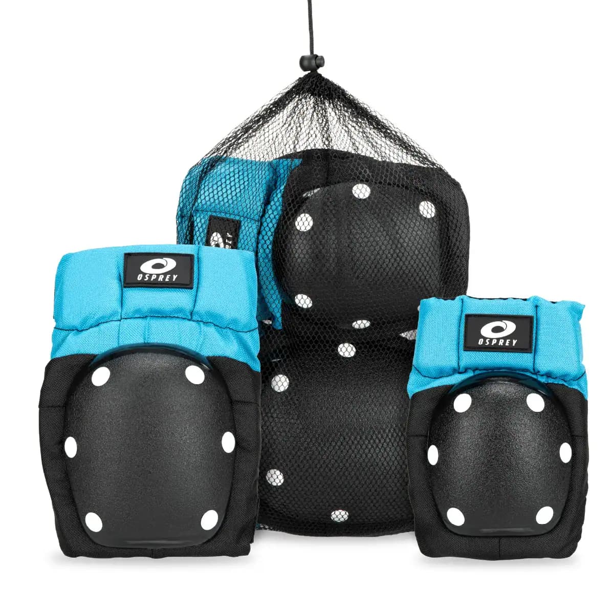 Kwaliteits skateboard bescherming set met blauwe en zwarte beschermhoezen.