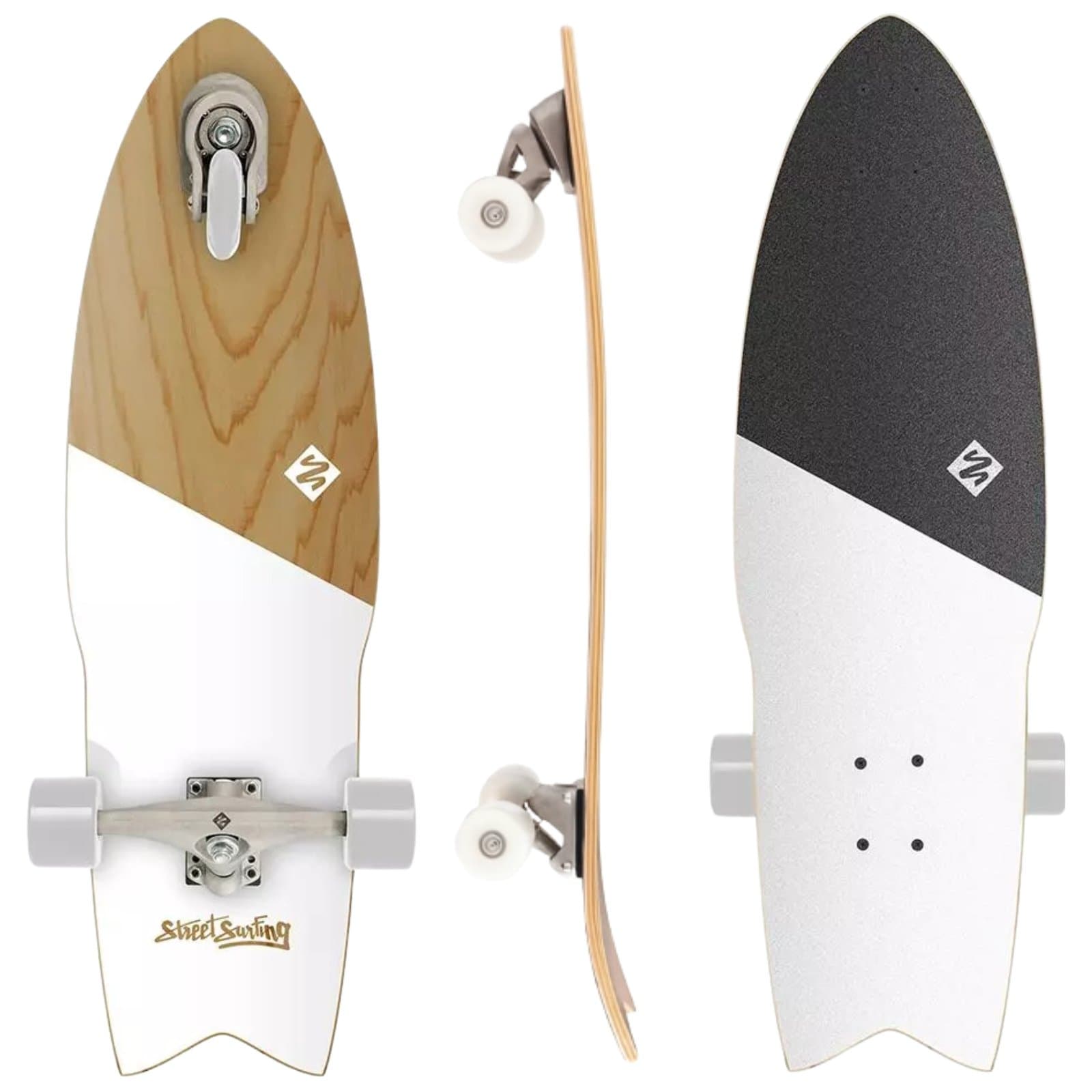 Skateboard met houten deklagen en witte wielen, geschikt voor street surfing en buitensporten.