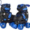 Blue and black inline skates with adjustable straps and wheels for outdoor skating fun.