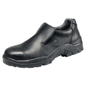 Zwarte veiligheidsschoenen met stevige zool voor outdoor gebruik.