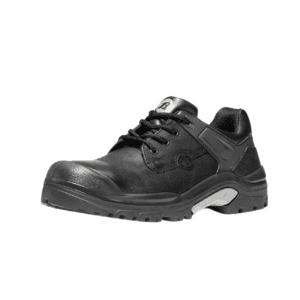 Chaussure de sécurité noire robuste avec semelle antidérapante et protection solide.
