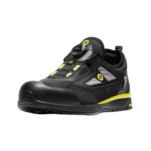 Chaussure de sécurité silencieuse pour l'extérieur et le travail, noire avec des détails jaunes, confortable et durable.