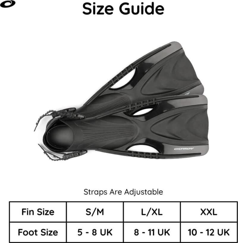 Black dive fins for snorkeling and scuba diving, adjustable straps, lightweight and durable design.