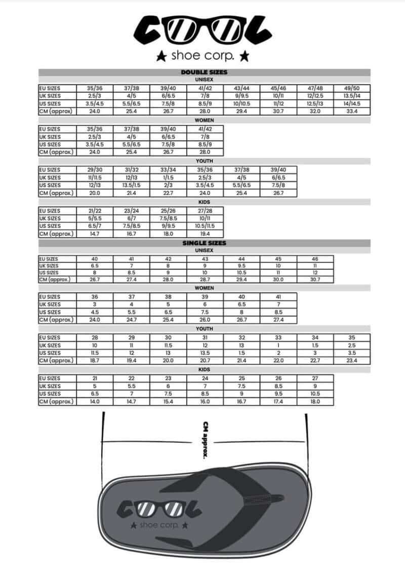 Damesmaat skates en schoenen van COOL Shoe Corp met uitgebreide maattabel.