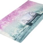 Vintage auto en bomen print badmat met kleurrijk geelblauw patroon, leuke decoratie voor badkamer of zwembad.