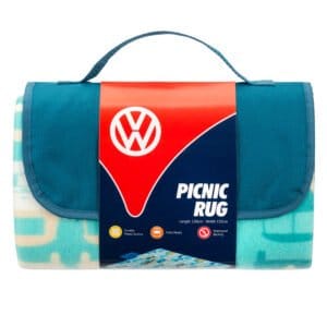Colourful Volkswagen picnic blanket, ideal for outdoor activities and fun.