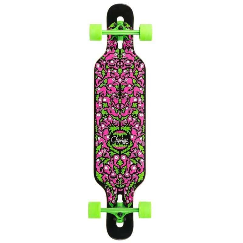 Small skateboard with colourful monster motif and neon green wheels for outdoor fun.