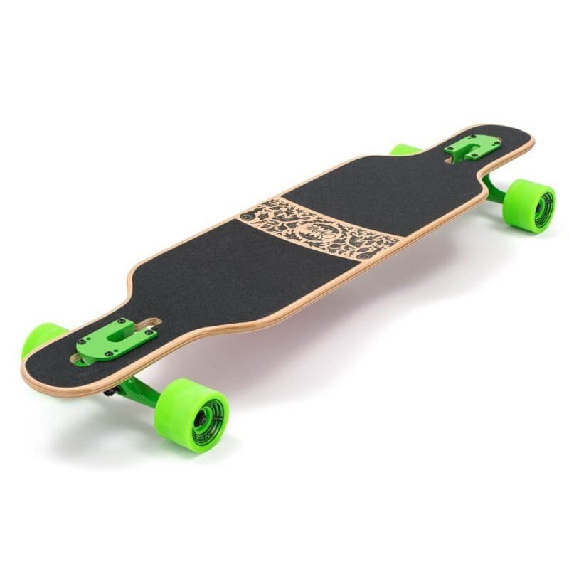 Small, eco-friendly skateboard with green wheels and grip coating, ideal for outdoor fun.
