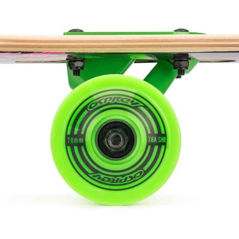 Colourful skateboard wheels and deck, suitable for outdoor skateboarding and skate sports.