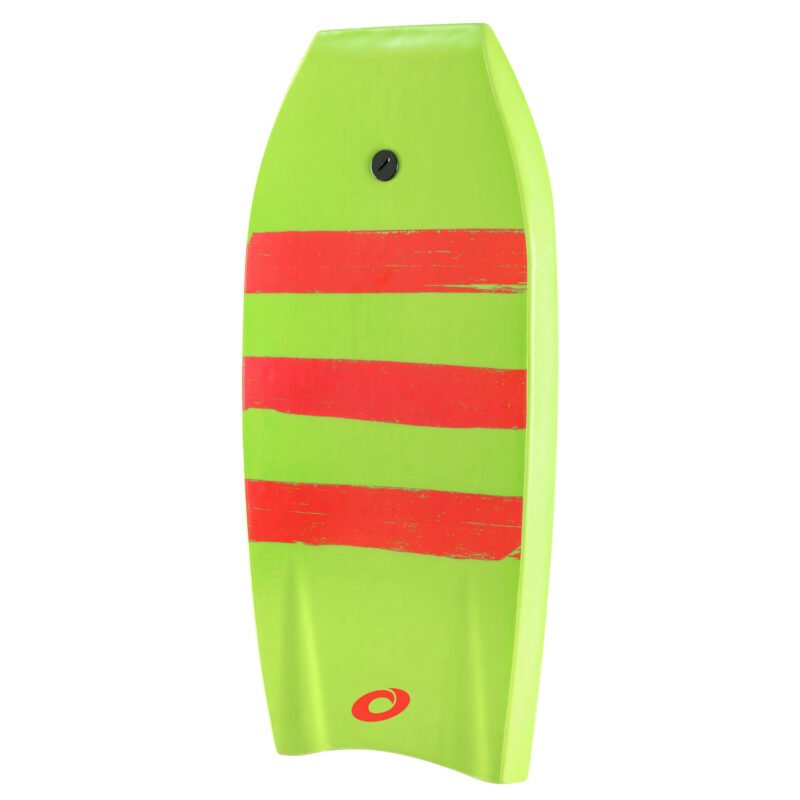 Felgroen Osprey bodyboard met rode strepen en crescent tail ontwerp, ontworpen voor optimale controle en wendbaarheid.