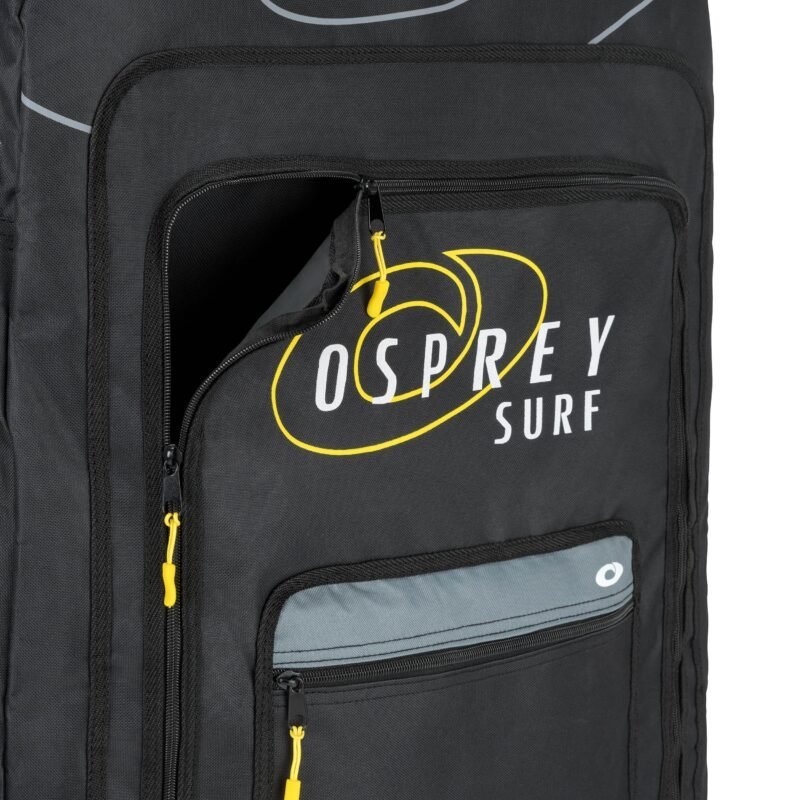 Rugzak met Osprey Surf logo, zwart met gele en grijze details.