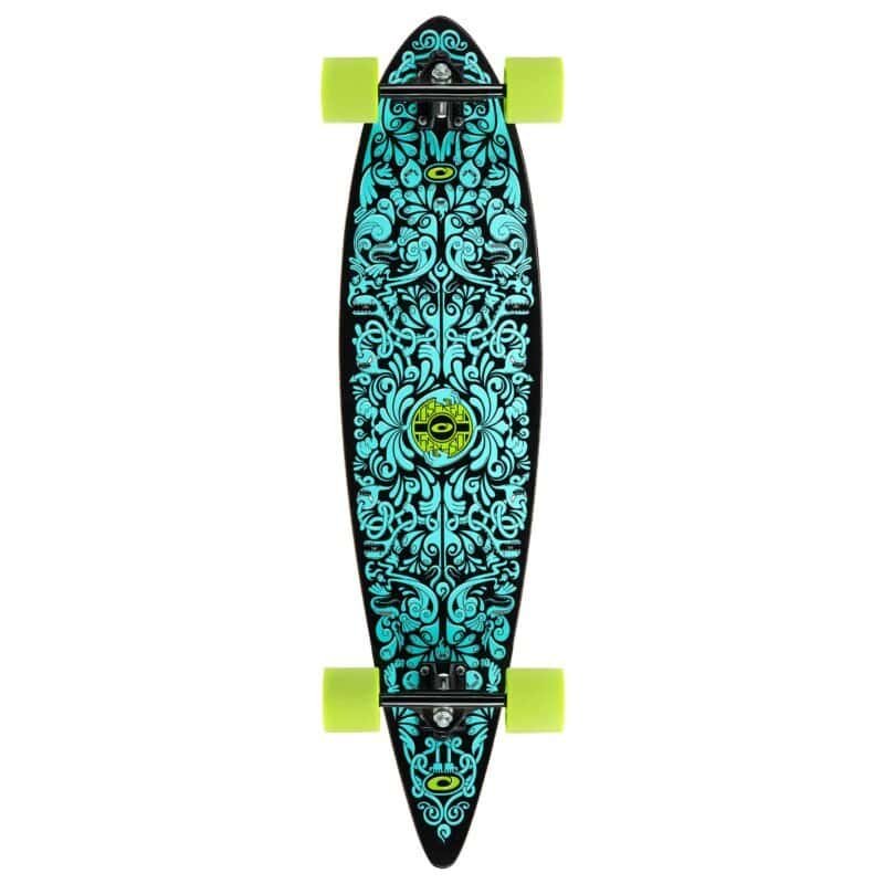 Strap-on skateboard with blue and black design, light green wheels and top quality for outdoor fun.