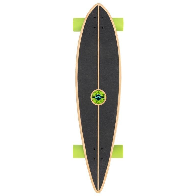 Skateboard with black grip coating and eye-catching green wheels for outdoor use.