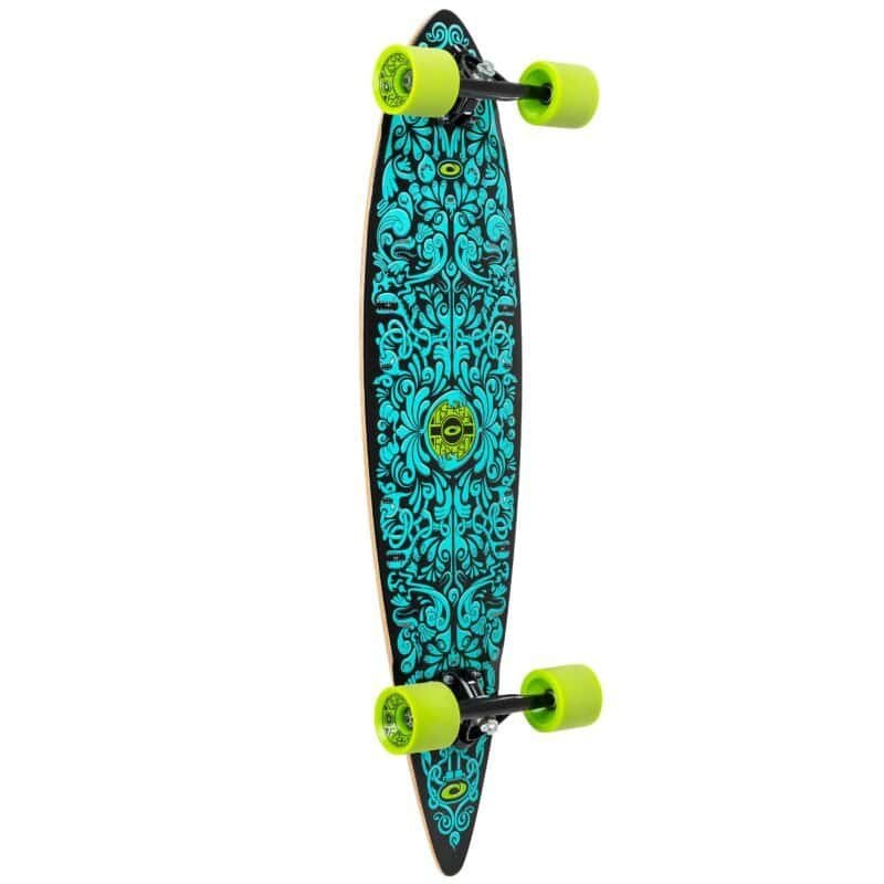 Colourful skateboard with blue and green details and large wheels for outdoor fun.
