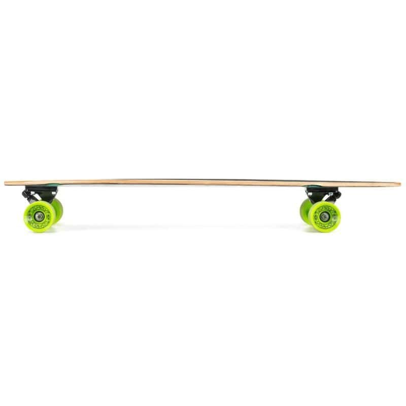 Low skateboard with green wheels and wooden deck on a white background.