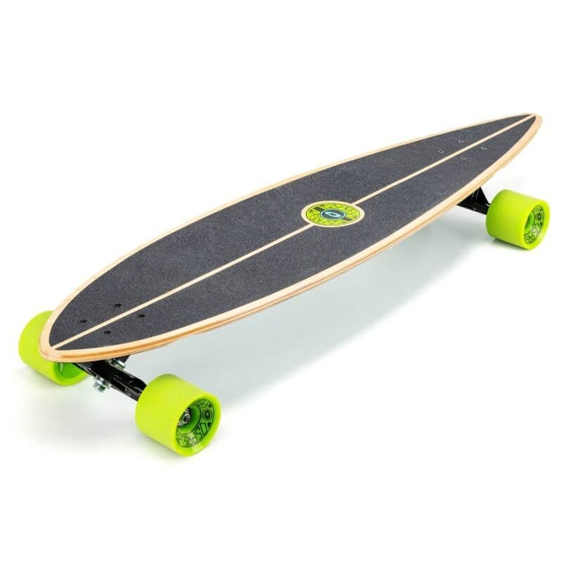 Short aluminium longboard with black grip coating and bright yellow wheels for outdoor fun.