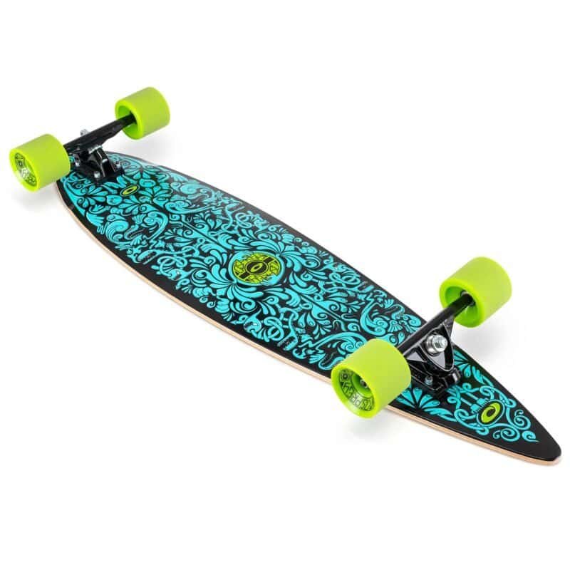 Colourful skateboard with blue patterns and neon yellow wheels for outdoor fun.