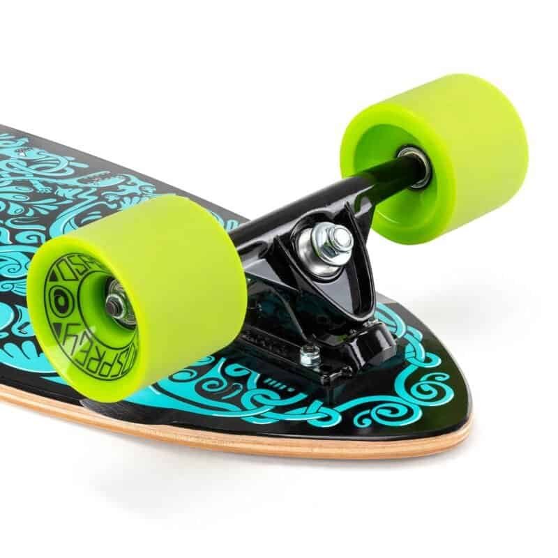 Colourful skateboard with neon yellow wheels and decorative deck design set on a white background.