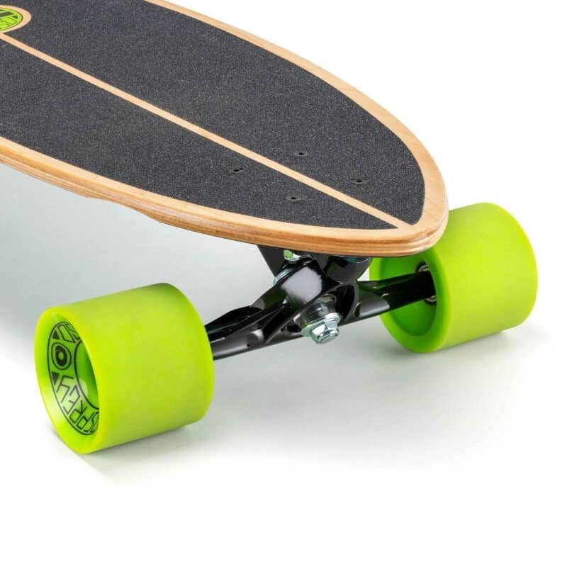 Small image of a longboard skateboard with green wheels and a wooden deck. suitable for outdoor use and skateboarding.