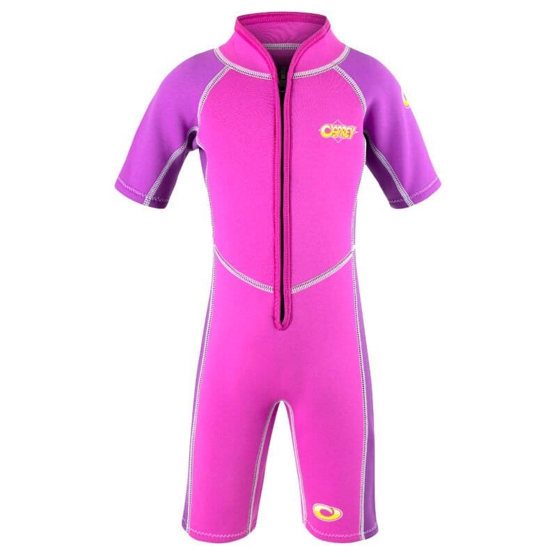 Combinaison de plongée rose vif et violette pour les sports aquatiques et la natation, avec fermeture à glissière et détails en caoutchouc.