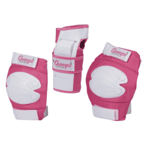 Knieliteset voor kinderen in roze en wit, ideaal voor buitenactiviteiten en skaten.