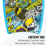 Gros plan sur le fond coloré d'une planche de bodyboard Osprey avec un design de queue en croissant, qui met l'accent sur le contrôle et le mouvement dans l'eau.