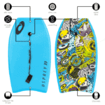 Petite planche bleue avec leash et fermeture à spirale, idéale pour les sports nautiques.