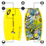 Planche de surf colorée avec un graphisme et une impression colorée, y compris des éléments de leash et de valve d'air.