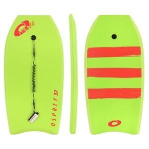 Kleurrijk surfboard met veiligheidssteek en rode strepen, geschikt voor buitenactiviteiten.