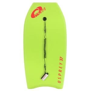 Spraydeck voor watersport en surfen, fel groen met rood logo en verstelbare voetband.