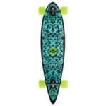 Skateboard à sangles au design bleu et noir, avec des roues vert clair et une qualité supérieure pour s'amuser en plein air.