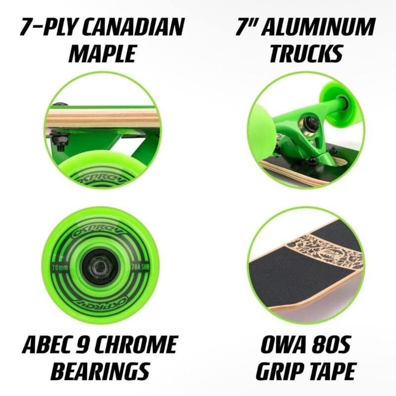 7-PLY Canadian maple wood skateboard with green wheels and 80s grip tape.