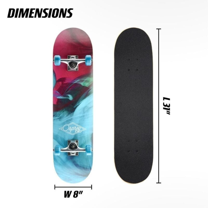 Kleurrijke skateboard met gemakkelijke grip en afmetingen van 31 inch lang en 8 inch breed.