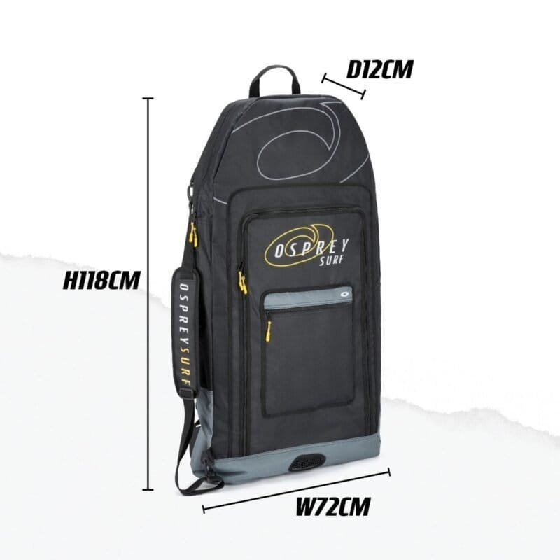 Rugzak met Osprey Surf logo, afmetingen 18x12x7 inch, geschikt voor buitenplezier en surfuitrusting.
