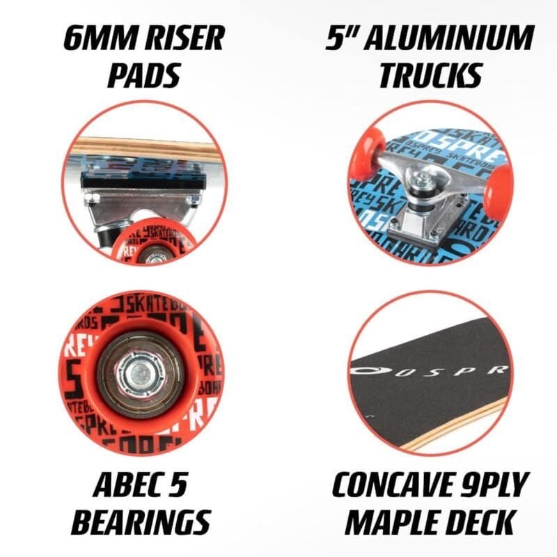 6mm riser pads, 5 inch aluminium trucks, abec 5 bearings, en een esdoorn multiplex deck voor skateboard of longboard leisure.